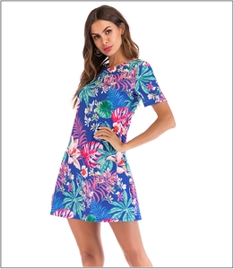 Detail view of tropical floral print on blue summer mini dress with short sleeves