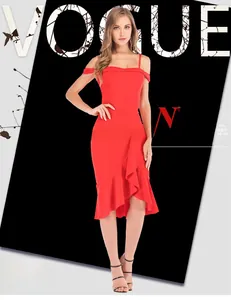 Détail d'une robe rouge à épaules dénudées avec ourlet à volants et coupe ajustée