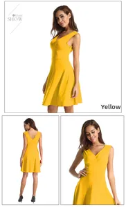 Three-way view of women's V-neck sleeveless yellow maxi dress in a loose fit