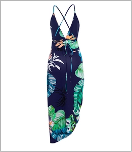 Detail of floral print maxi dress with V-neck, open back and crisscross tie straps