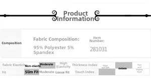 Tableau des tailles montrant le mélange de 95 pour cent polyester et 5 pour cent élasthanne