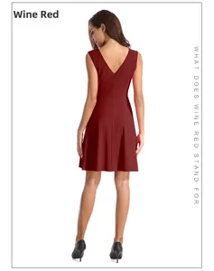 Detailed back view of a burgundy V-neck sleeveless dress with A-line skirt silhouette