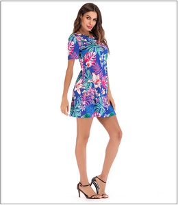 Detailed view of women's short sleeve floral dress with tropical hibiscus print