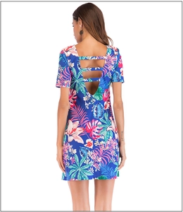 Detail of tropical floral print dress featuring an open back with horizontal straps