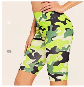 Macro shot of high-waist yoga shorts featuring green camouflage digital print fabric