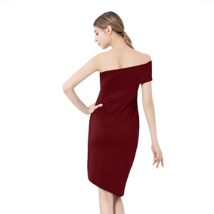 Detail view of the sleek back silhouette of a burgundy one-shoulder bodycon dress