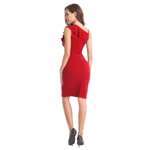Slim fit red one shoulder dress with ruffle detail and elegant bodycon silhouette