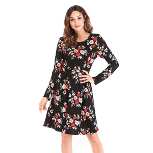Women's Elegant Floral Print Long Sleeve Midi Dress Slim Fit Round Neck Waist-Cinched A-Line Casual Dress For Daily Party