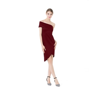 Detail of burgundy off-shoulder mini dress with asymmetrical hem and fitted silhouette