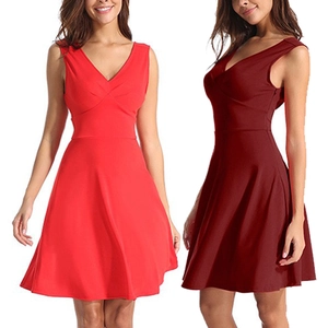 Women's Elegant V-Neck Sleeveless A-Line Midi Dress Solid Color Slim Fit Pleated Cocktail Party Evening Dress