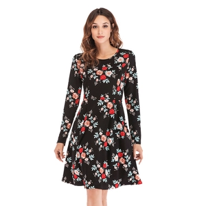 Women's crew neck long sleeve floral midi dress with A-line skirt in black and red print