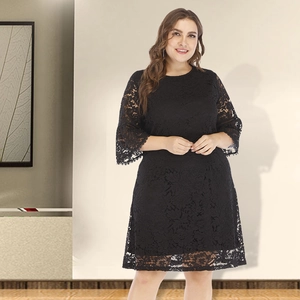 Robe Midi en Dentelle Grande Taille Femme Col Rond Demi Manches Cloche Ajourée Décontractée Élégante Été Blanc Bleu pour Femmes