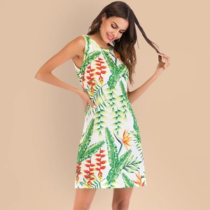 Robe Mini d'Été sans Manches pour Femmes Imprimé Tropical Décontracté Col Rond Floral Trapèze Courte Robe Blanche