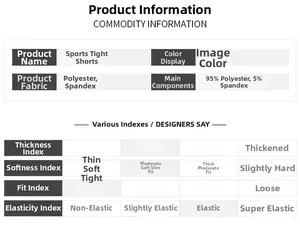 Detailed size chart for yoga shorts made of 95% polyester and 5% spandex blend fabric