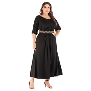Damen Übergrößen Maxikleid Rundhalsausschnitt Dreiviertelarm A-Linie Schaukelkleid Mit Ethnisch Besticktem Bund Lässiges Böhmisches Kleid