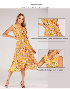 Détails du col en V et de la taille à volants de la robe longue jaune à fleurs