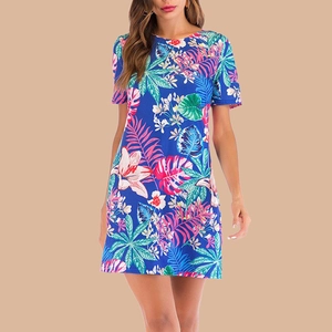 Women's Tropical Floral Print Short Sleeve Mini Dress Round Neck Backless Hollow Out Strappy Sexy Summer Vacation Beach Dress