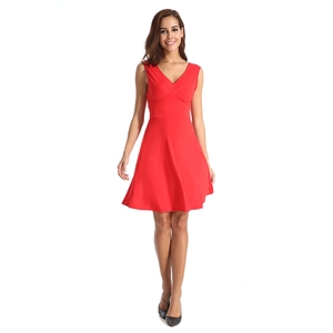 Elegant red V-neck sleeveless maxi dress with a high waist and loose A-line flowy skirt