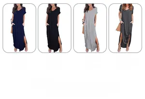 Detail view of V-neck maxi dress with side slits and pockets in four colors