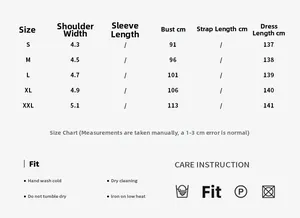 Tableau des tailles pour robe longue sans manches avec mesures du S au XXL