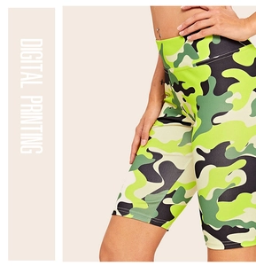 Detail of digital camouflage yoga shorts showing high-waist fit and side stitching