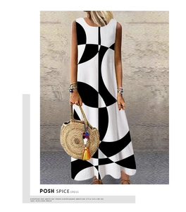 Détail d'une robe longue d'été avec imprimé géométrique noir et blanc et coupe sans manches