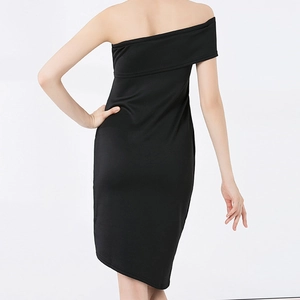 Chic black one-shoulder dress with asymmetrical hem and slim fit, stylish back view