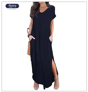 Detail view of V-neck casual maxi dress featuring side slits and functional pockets in navy blue