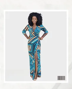 Detailed view of sexy V-neckline and slit design on colorful geometric midi dress