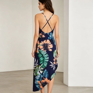 Women's backless tropical print maxi dress with cross straps and asymmetric hem
