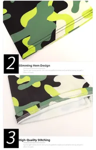 Detail showing high-quality double stitching and slim-fit leg opening of camo yoga shorts