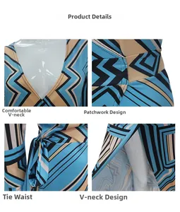 Detail of geometric V-neck dress with waist tie and blue pattern patchwork design