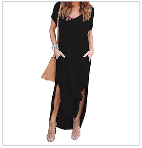 Black V-neck maxi dress with side split design and practical pockets for summer casual wear