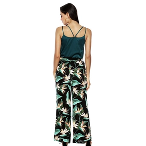 Women's summer green chiffon camisole and tropical print high-waist wide-leg pants set