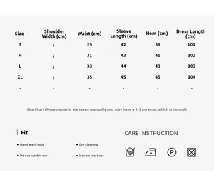 Detailed size chart for women's V-neck slim dress showing measurements from S to XL
