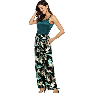 Women's summer chiffon set with green satin camisole and tropical floral wide-leg pants