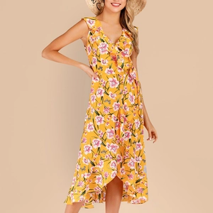 Robe Midi Décontractée à Fleurs pour Femmes avec Col en V et Volants Été Plage Vacances Sans Manches Ourlet Irrégulier