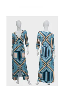 Detail view of V-neck geometric print dress with slit and cinched waist on mannequin