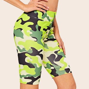 Women High Waist Camouflage Biker Shorts 95% Polyester 5% Spandex Digital Print Slim Yoga Running Gym Sports Shorts
