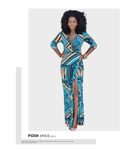 Detail of slim fit V-neck dress with geometric print and high side slit on model