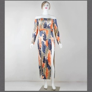Floral off-shoulder long sleeve maxi dress with tropical print and side slits
