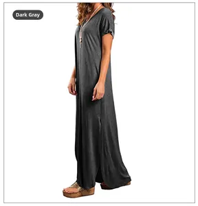 Detail view showing the high side slit and soft fabric drape of the dark grey maxi dress