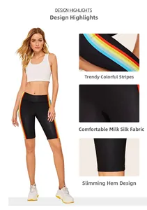 Detailansicht der High-Waist Fitness-Shorts mit bunten Regenbogenstreifen und weichem Milk-Silk-Stoff