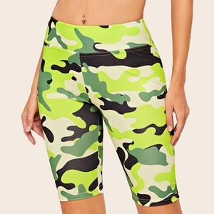 Women's high waist camouflage biker shorts with vibrant neon green and olive patterns