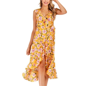 Robe d'été jaune à fleurs avec col en V, volants et ourlet irrégulier pour la plage