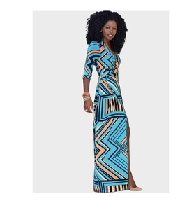 Detailed view of summer wrap maxi dress with geometric stripes and side slit