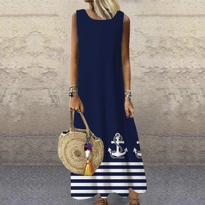 Robe Longue Sans Manches Pour Femmes Col Rond Imprimé Géométrique Bohème Décontractée Été Vacances Plage Robe Longue