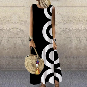 Robe longue d'été sans manches avec motifs géométriques circulaires noirs et blancs