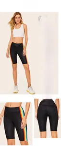 Detailansicht der schwarzen High-Waist-Yoga-Shorts mit bunten Regenbogen-Seitenstreifen