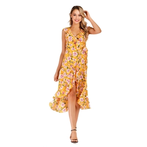 Robe portefeuille jaune à fleurs avec col en V, volants et ourlet asymétrique sans manches